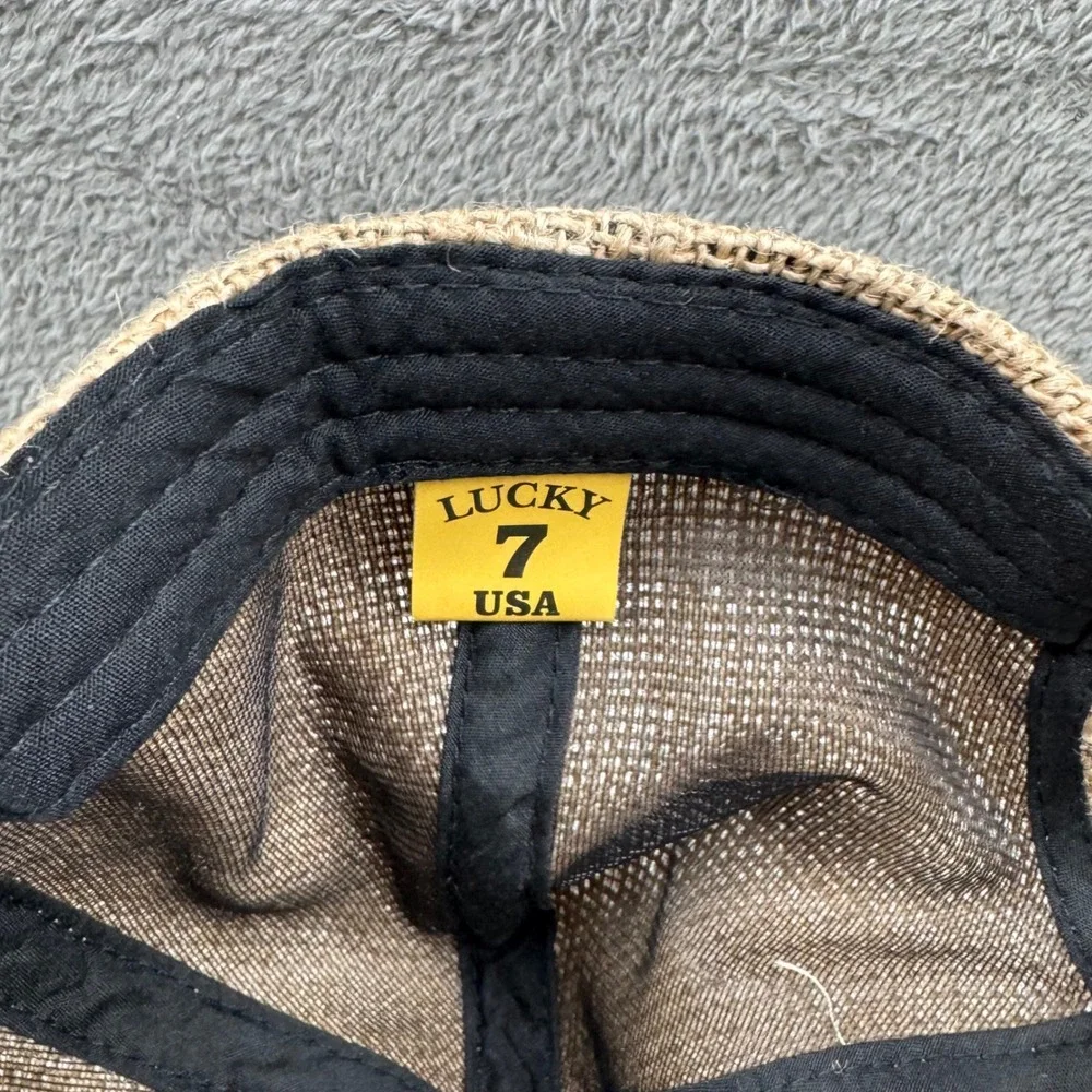 Lucky 7 USA Miami Beach Hat‎ Women Size 7 Tan Tropical Floral Excellent Burlap